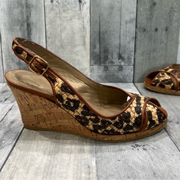 STUART WEITZMAN Cheetah Animal Print Raffia Cork Wedges Size 6.5 - Picture 2 of 9